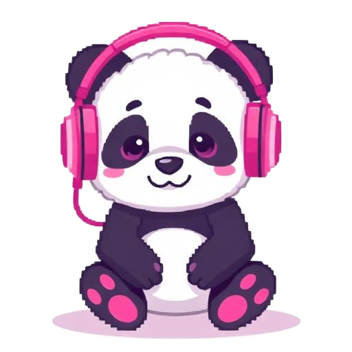 Pixel panda wearing pink headphones