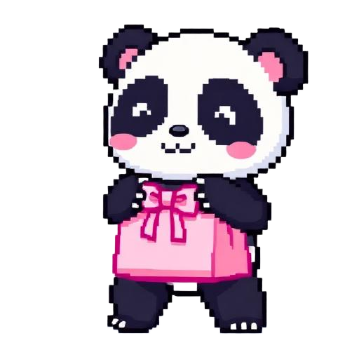 Pixel panda holding a pink shopping bag